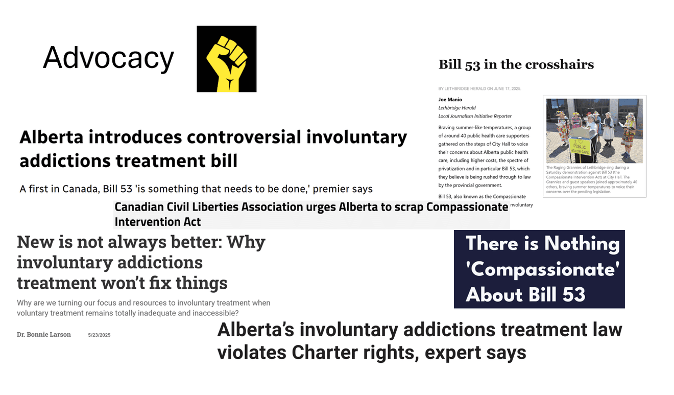 News headlines covering Bill 53 and Birchbark Health's advocacy for community-led care