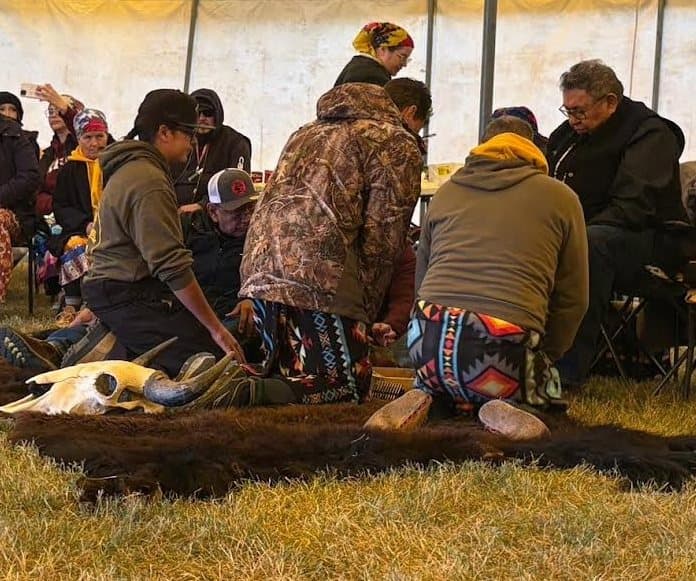 Community members gathered around a buffalo hide in ceremony